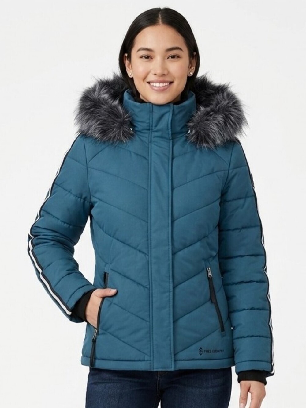 Free Country Women's Small Teal Puffer Jacket with Faux Fur Hood